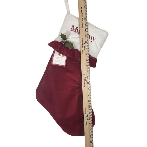 NWT POTTERY BARN VELVET RED STOCKING MUMMY EMBROIDERED LINED HOLLY CHRISTMAS UK - Picture 4 of 8